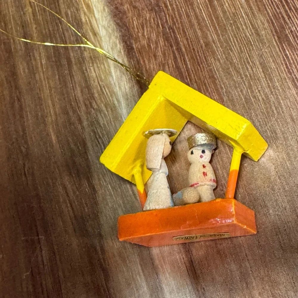 Vintage Miniature Wood Nativity Ornament Yellow Stable Made in Taiwan Christmas